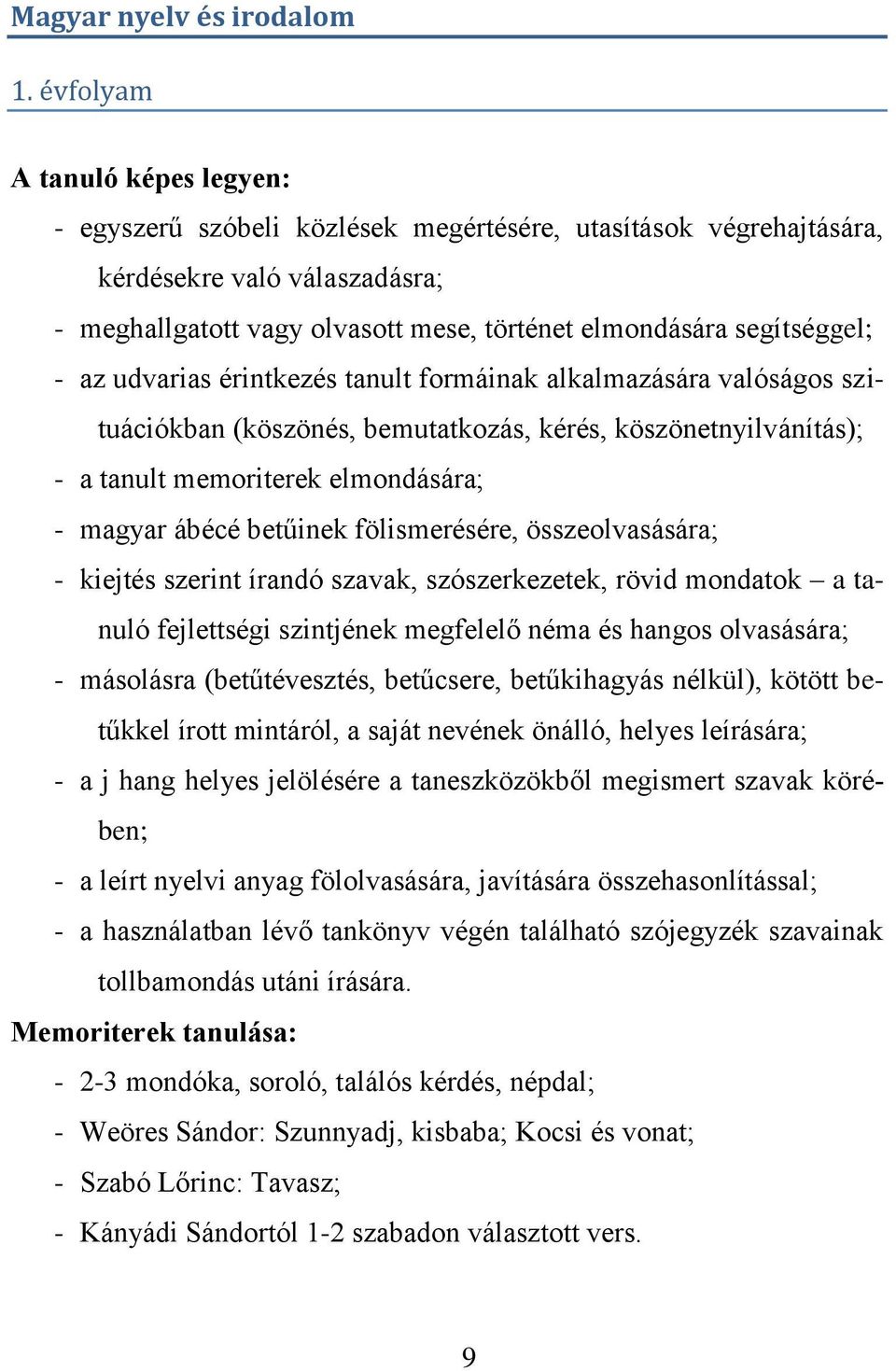 - az udvarias érintkezés tanult formáinak alkalmazására valóságos szituációkban (köszönés, bemutatkozás, kérés, köszönetnyilvánítás); - a tanult memoriterek elmondására; - magyar ábécé betűinek