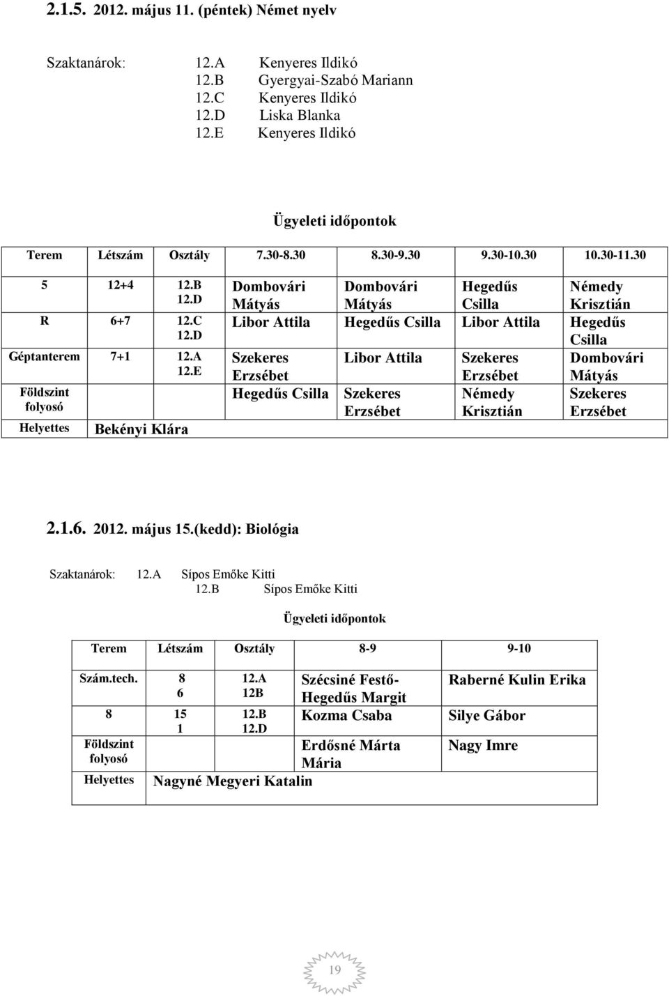 E Földszint Helyettes Bekényi Klára Dombovári Mátyás Dombovári Mátyás Hegedűs Csilla Némedy Krisztián Libor Attila Hegedűs Csilla Libor Attila Hegedűs Csilla Szekeres Libor Attila Szekeres Dombovári