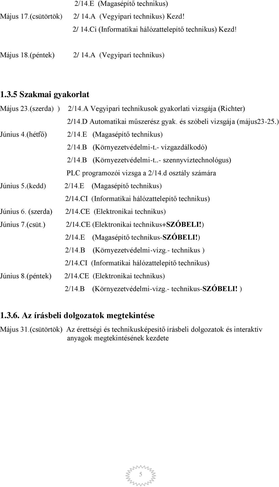 E (Magasépítő technikus) 2/14.B (Környezetvédelmi-t.- vízgazdálkodó) 2/14.B (Környezetvédelmi-t..- szennyvíztechnológus) PLC programozói vizsga a 2/14.d osztály számára Június 5.(kedd) 2/14.