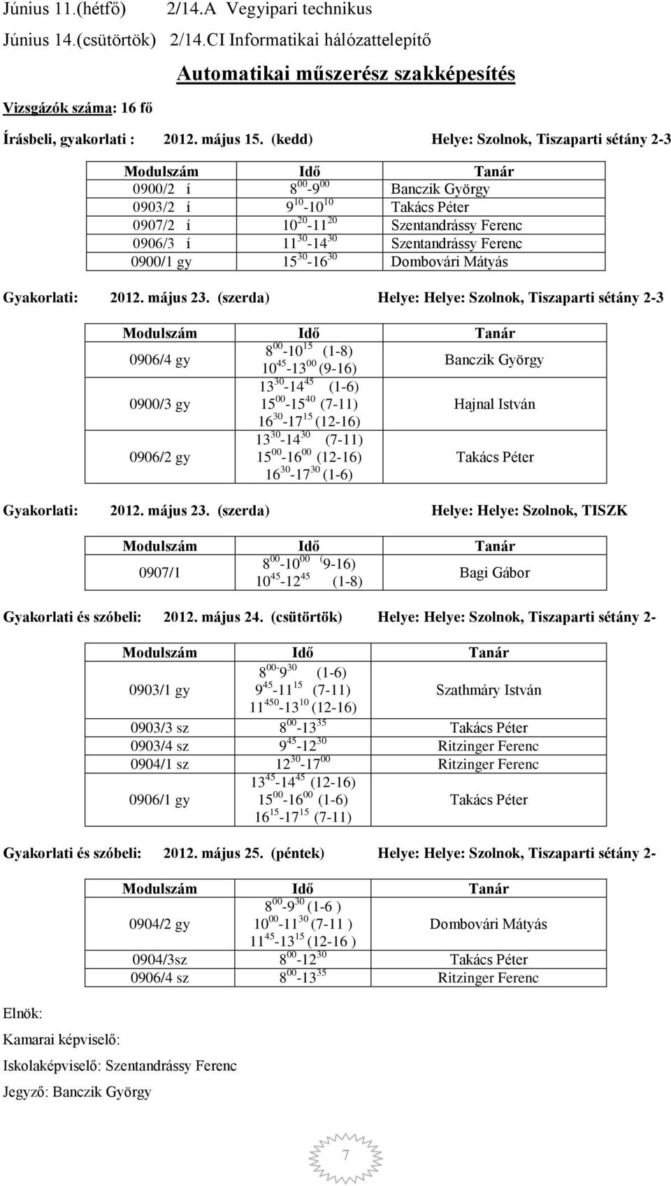 (kedd) Helye: Szolnok, Tiszaparti sétány 2-3 0900/2 í 8 00-9 00 Banczik György 0903/2 í 9 10-10 10 Takács Péter 0907/2 í 10 20-11 20 Szentandrássy Ferenc 0906/3 í 11 30-14 30 Szentandrássy Ferenc