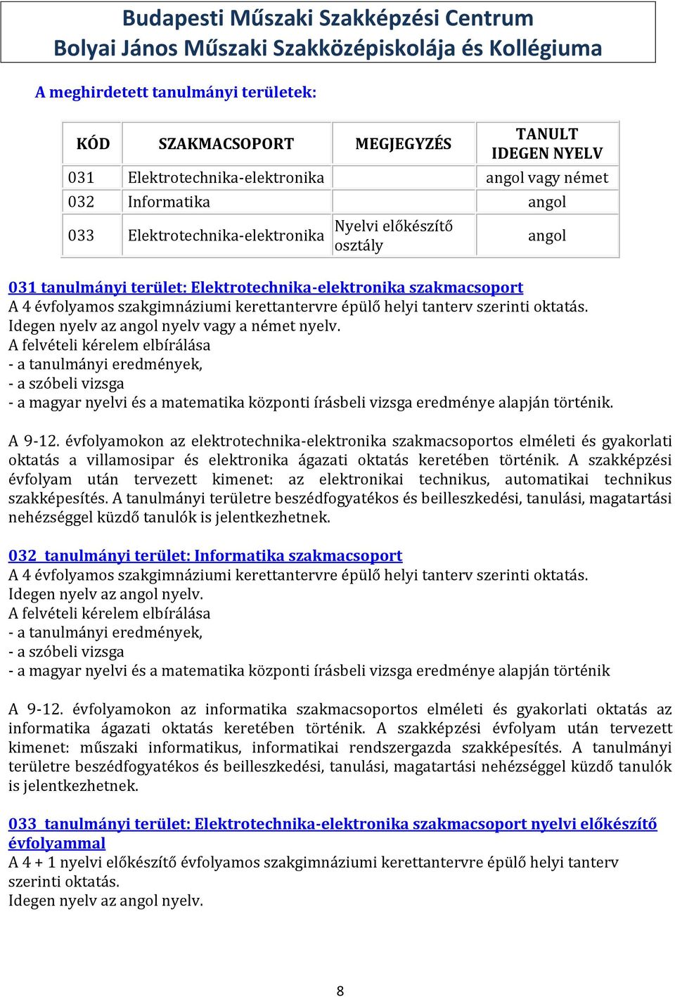 4 évfolyamos szakgimnáziumi kerettantervre épülő helyi tanterv szerinti oktatás. Idegen nyelv az angol nyelv vagy a német nyelv.