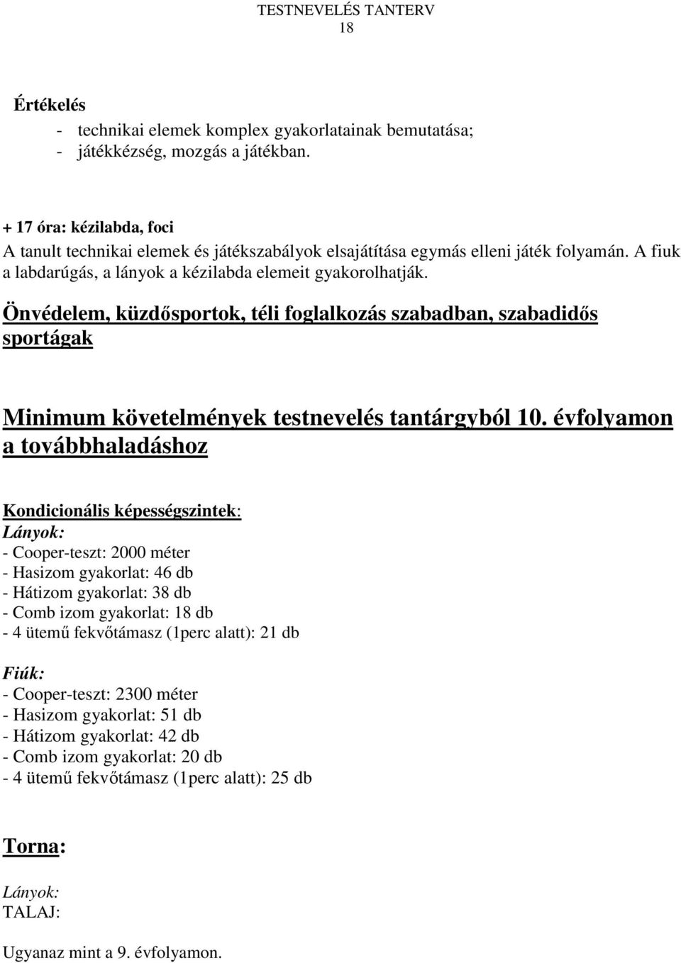 Önvédelem, küzdısportok, téli foglalkozás szabadban, szabadidıs sportágak Minimum követelmények testnevelés tantárgyból 10.