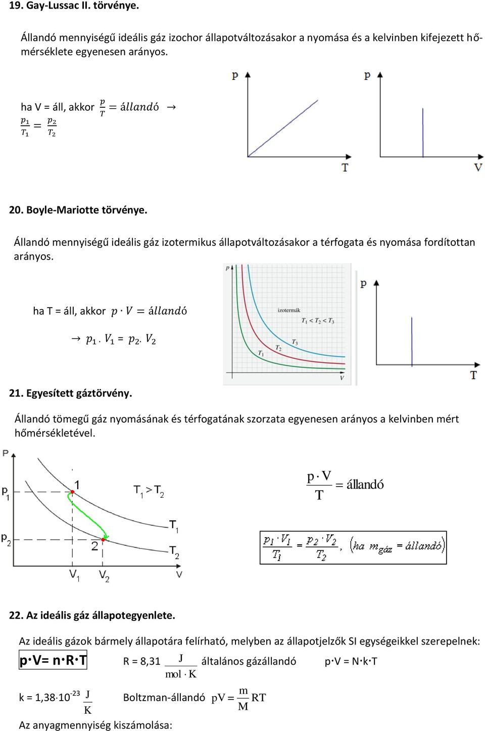 Állandó tömegű gáz nyomásának és térfogatának szorzata egyenesen arányos a kelvinben mért hőmérsékletével. p V T állandó 22. Az ideális gáz állapotegyenlete.
