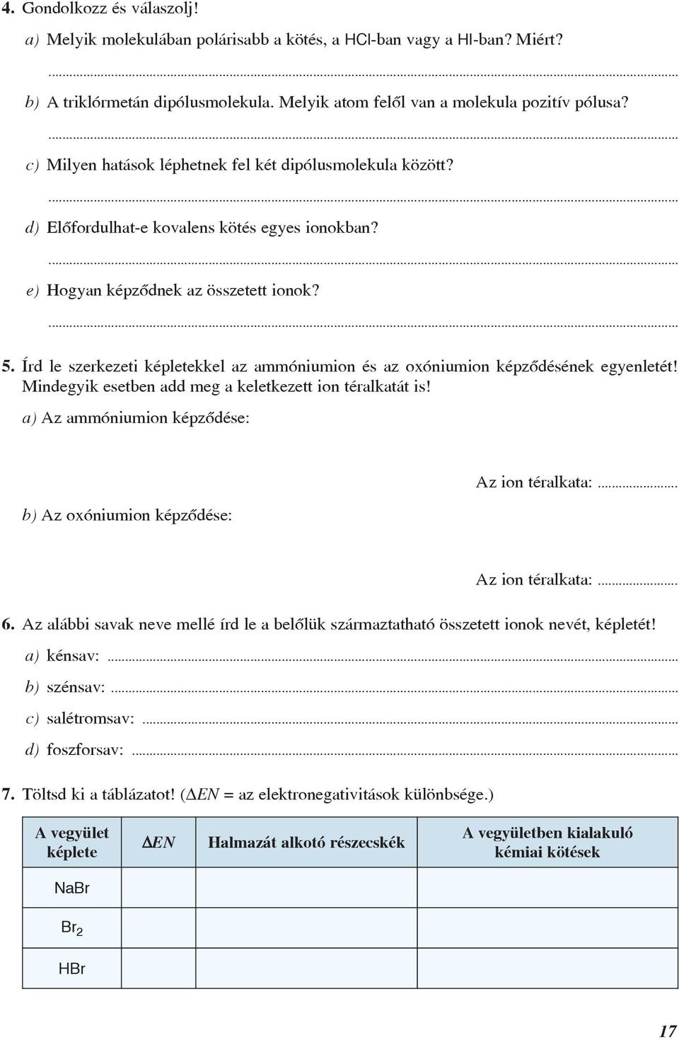 Írd le szerkezeti képletekkel az ammóniumion és az oxóniumion képzõdésének egyenletét! Mindegyik esetben add meg a keletkezett ion téralkatát is!