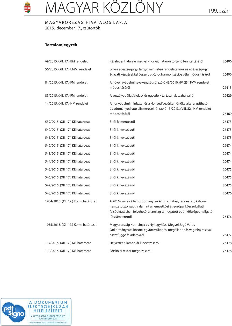 (IV. 23.) FVM rendelet módosításáról 26413 85/2015. (XII. 17.) FM rendelet A veszélyes állatfajokról és egyedeik tartásának szabályairól 26429 14/2015. (XII. 17.) HM rendelet A honvédelmi miniszter és a Honvéd Vezérkar főnöke által alapítható és adományozható elismerésekről szóló 15/2013.