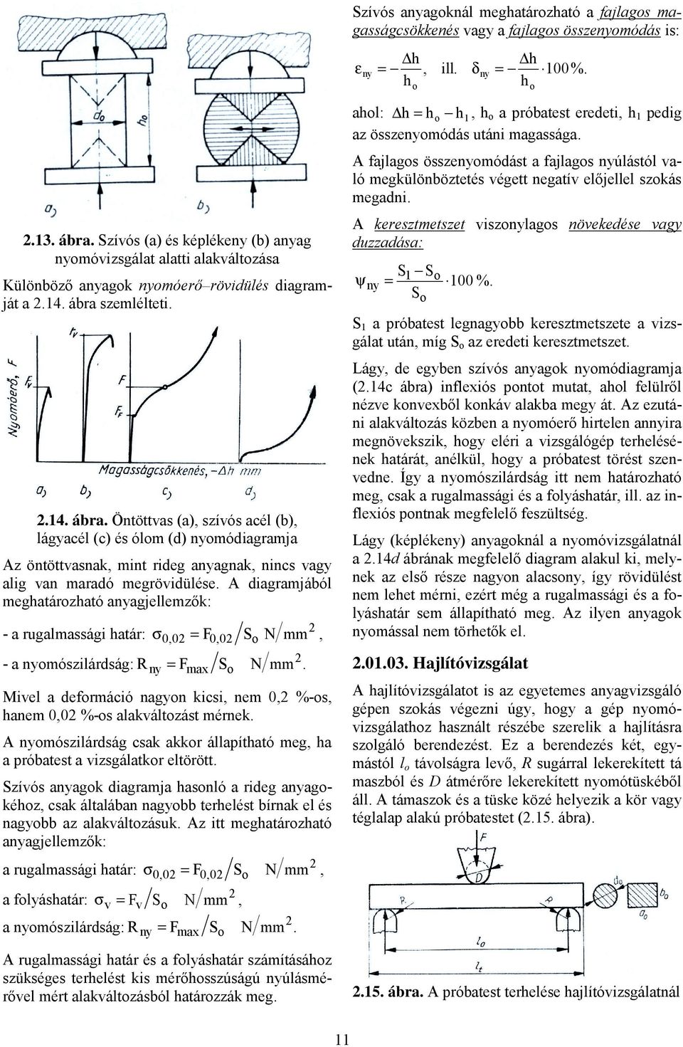 szemlélteti..14. ábra. Öntöttvas (a), szívós acél (b), lágyacél (c) és ólom (d) nyomódiagramja Az öntöttvasnak, mint rideg anyagnak, nincs vagy alig van maradó megrövidülése.