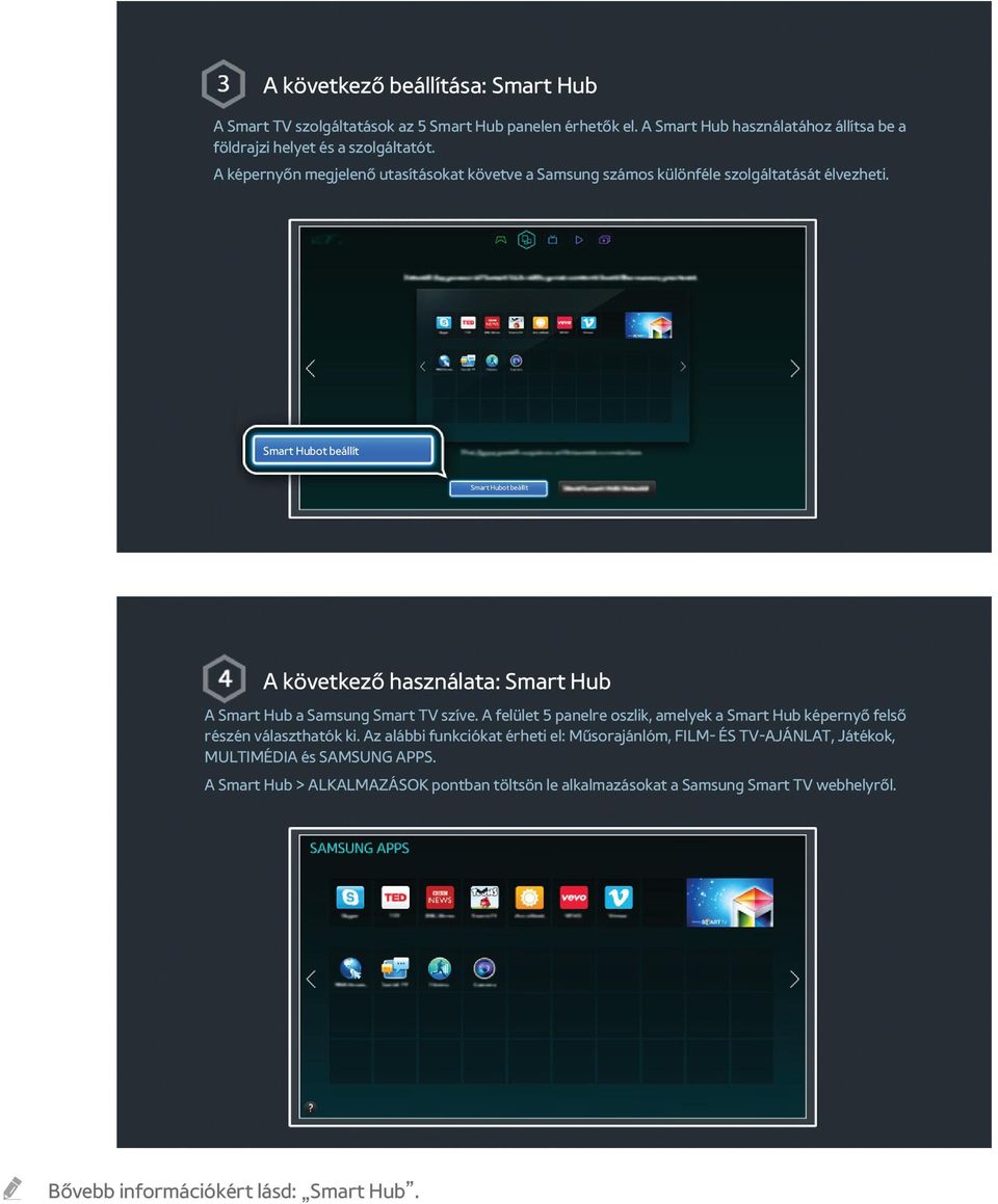 Smart Hubot beállít Smart Hubot beállít A következő használata: Smart Hub A Smart Hub a Samsung Smart TV szíve.