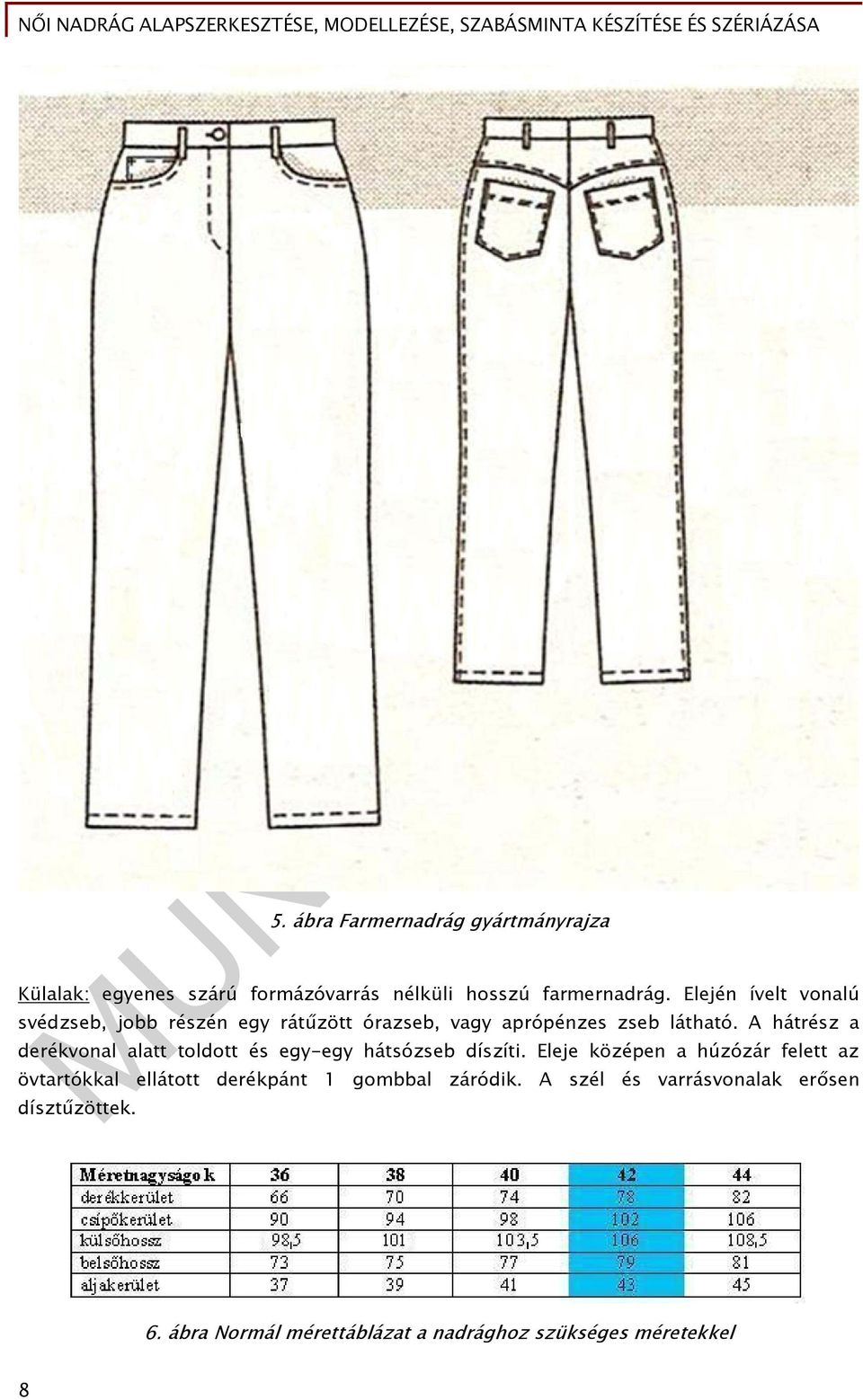 A hátrész a derékvonal alatt toldott és egy-egy hátsózseb díszíti.