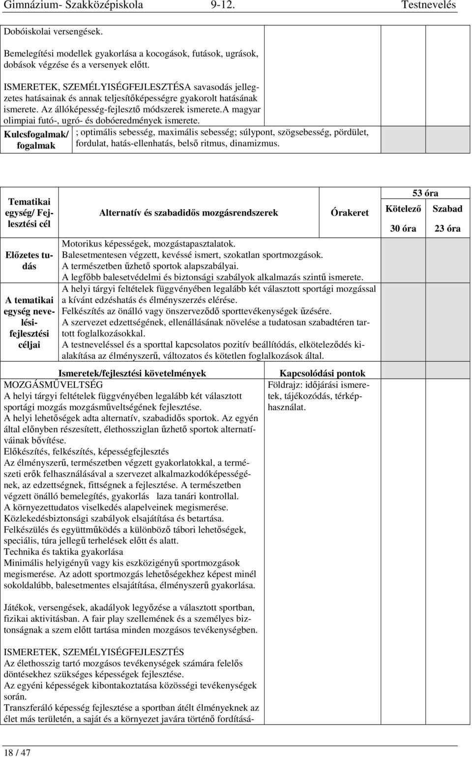 a magyar olimpiai futó-, ugró- és dobóeredmények ismerete. Kulcs/ ; optimális sebesség, maximális sebesség; súlypont, szögsebesség, pördület, fordulat, hatás-ellenhatás, belső ritmus, dinamizmus.