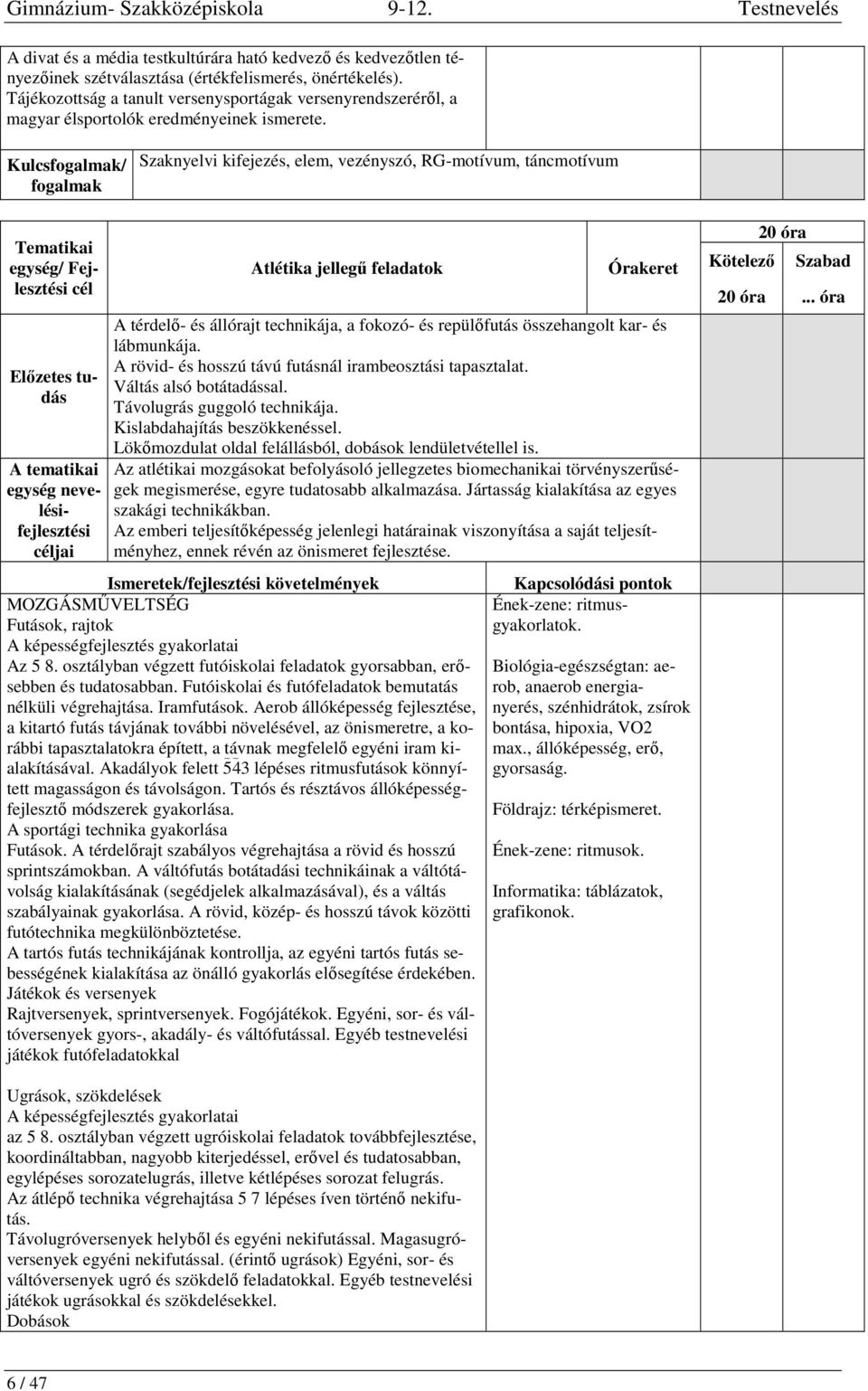 Kulcs/ Szaknyelvi kifejezés, elem, vezényszó, RG-motívum, táncmotívum A tematikai egység nevelésifejlesztési Atlétika jellegű feladatok A térdelő- és állórajt technikája, a fokozó- és repülőfutás