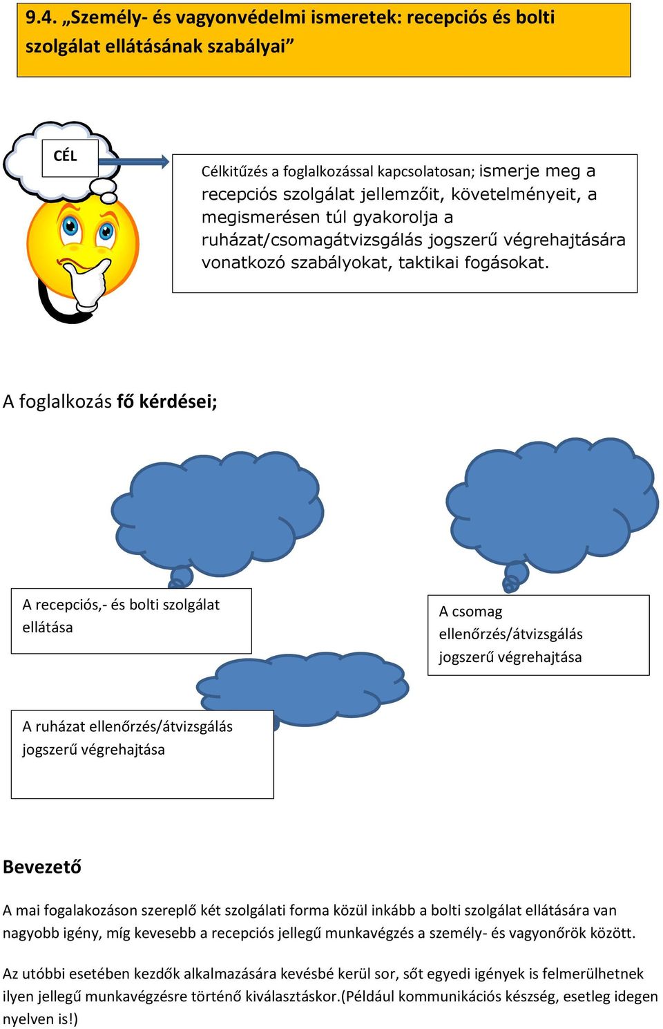 A foglalkozás fő kérdései; A recepciós,- és bolti szolgálat ellátása A csomag ellenőrzés/átvizsgálás jogszerű végrehajtása A ruházat ellenőrzés/átvizsgálás jogszerű végrehajtása Bevezető A mai