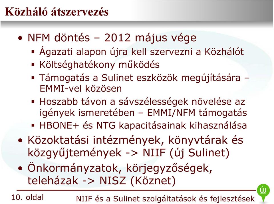 igények ismeretében EMMI/NFM támogatás HBONE+ és NTG kapacitásainak kihasználása Közoktatási intézmények,