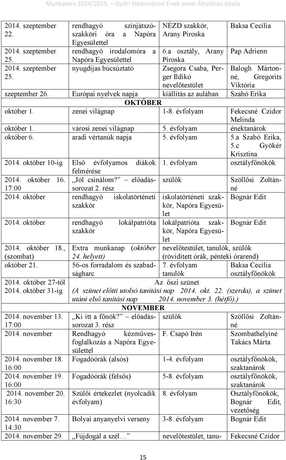 Európai nyelvek napja kiállítás az aulában Szabó Erika OKTÓBER október 1. zenei világnap 1-8. évfolyam Fekecsné Czidor Melinda október 1. városi zenei világnap 5. évfolyam énektanárok október 6.