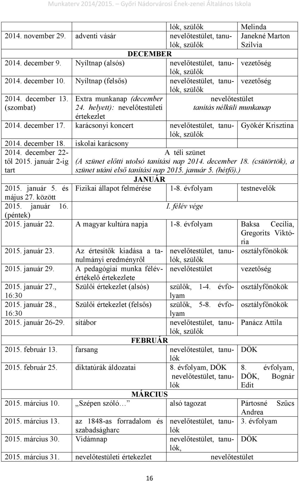 helyett): nevelőtestületi Melinda Janekné Marton Szilvia vezetőség vezetőség nevelőtestület tanítás nélküli munkanap értekezlet 2014. december 17.