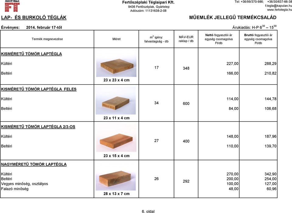 FELES 23 x 23 x 4 cm Kültéri 114,00 144,78 34 600 Beltéri 84,00 106,68 KISMÉRETŰ TÖMÖR LAPTÉGLA 2/3-OS 23 x 11 x 4 cm Kültéri 148,00