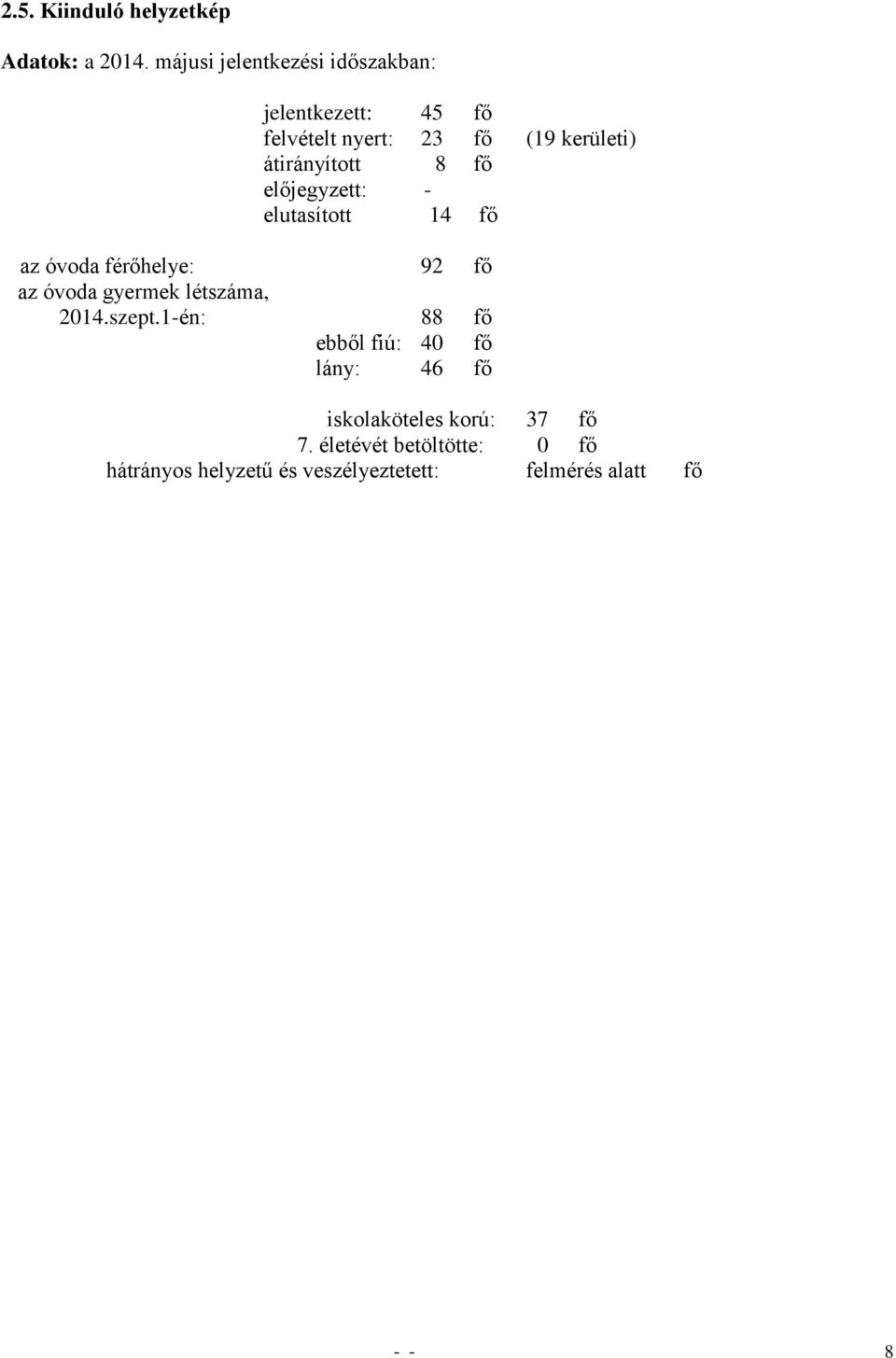 átirányított 8 fő előjegyzett: - elutasított 14 fő az óvoda férőhelye: 92 fő az óvoda gyermek