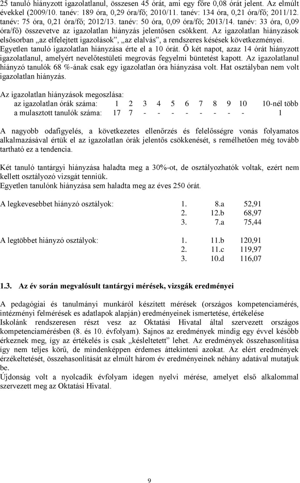 Az igazolatlan hiányzások elsősorban az elfelejtett igazolások, az elalvás, a rendszeres késések következményei. Egyetlen tanuló igazolatlan hiányzása érte el a 10 órát.