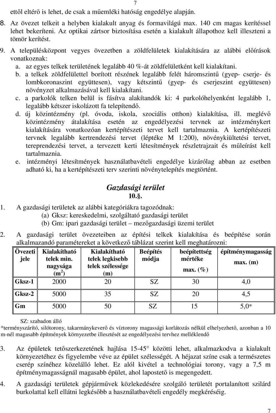 az egyes telkek területének legalább 40 %-át zöldfelületként kell kialakítani. b.