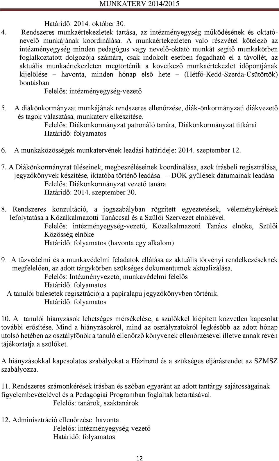 távollét, az aktuális munkaértekezleten megtörténik a következő munkaértekezlet időpontjának kijelölése havonta, minden hónap első hete (Hétfő-Kedd-Szerda-Csütörtök) bontásban Felelős: