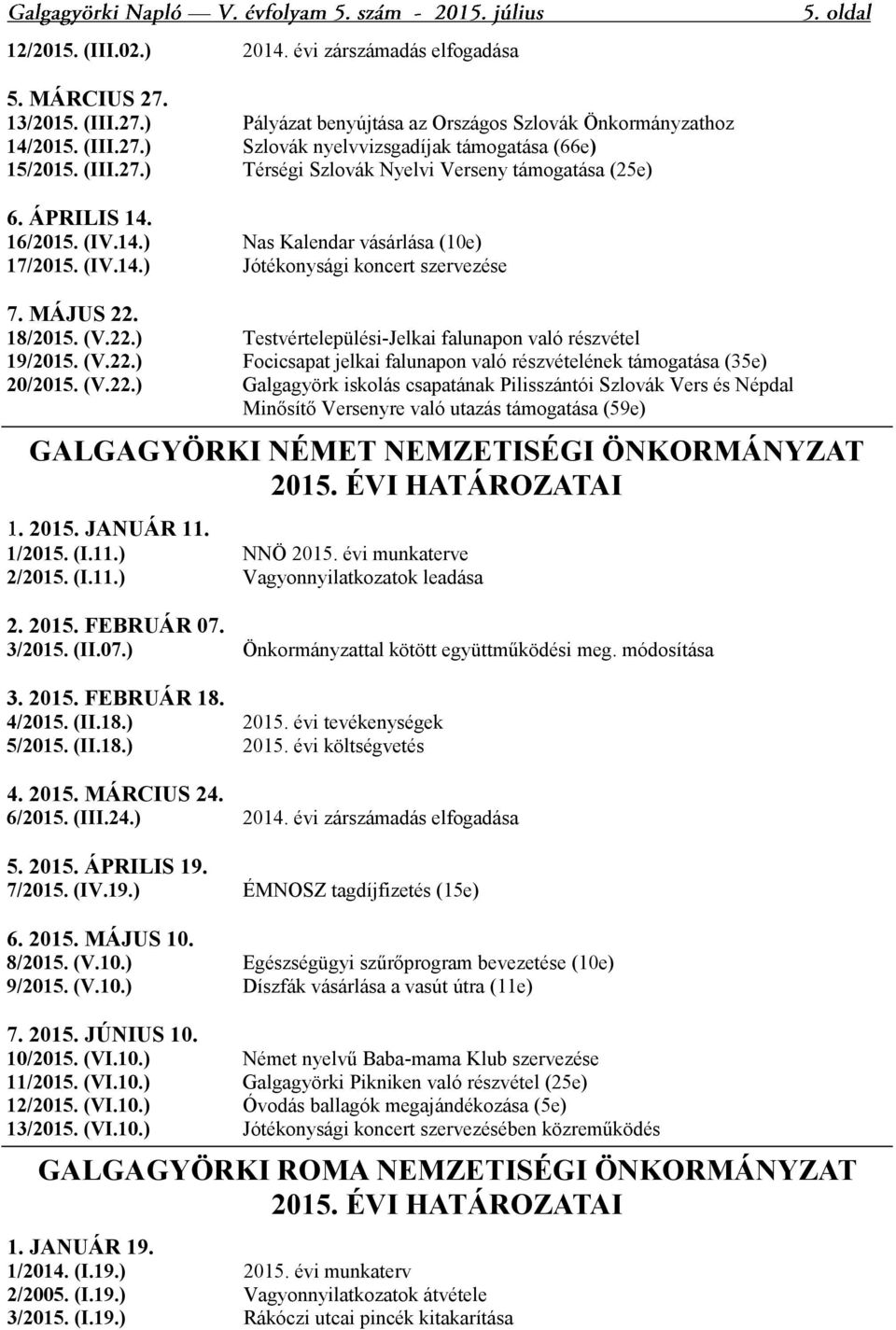 18/2015. (V.22.) Testvértelepülési-Jelkai falunapon való részvétel 19/2015. (V.22.) Focicsapat jelkai falunapon való részvételének támogatása (35e) 20/2015. (V.22.) Galgagyörk iskolás csapatának Pilisszántói Szlovák Vers és Népdal Minősítő Versenyre való utazás támogatása (59e) GALGAGYÖRKI NÉMET NEMZETISÉGI ÖNKORMÁNYZAT 2015.