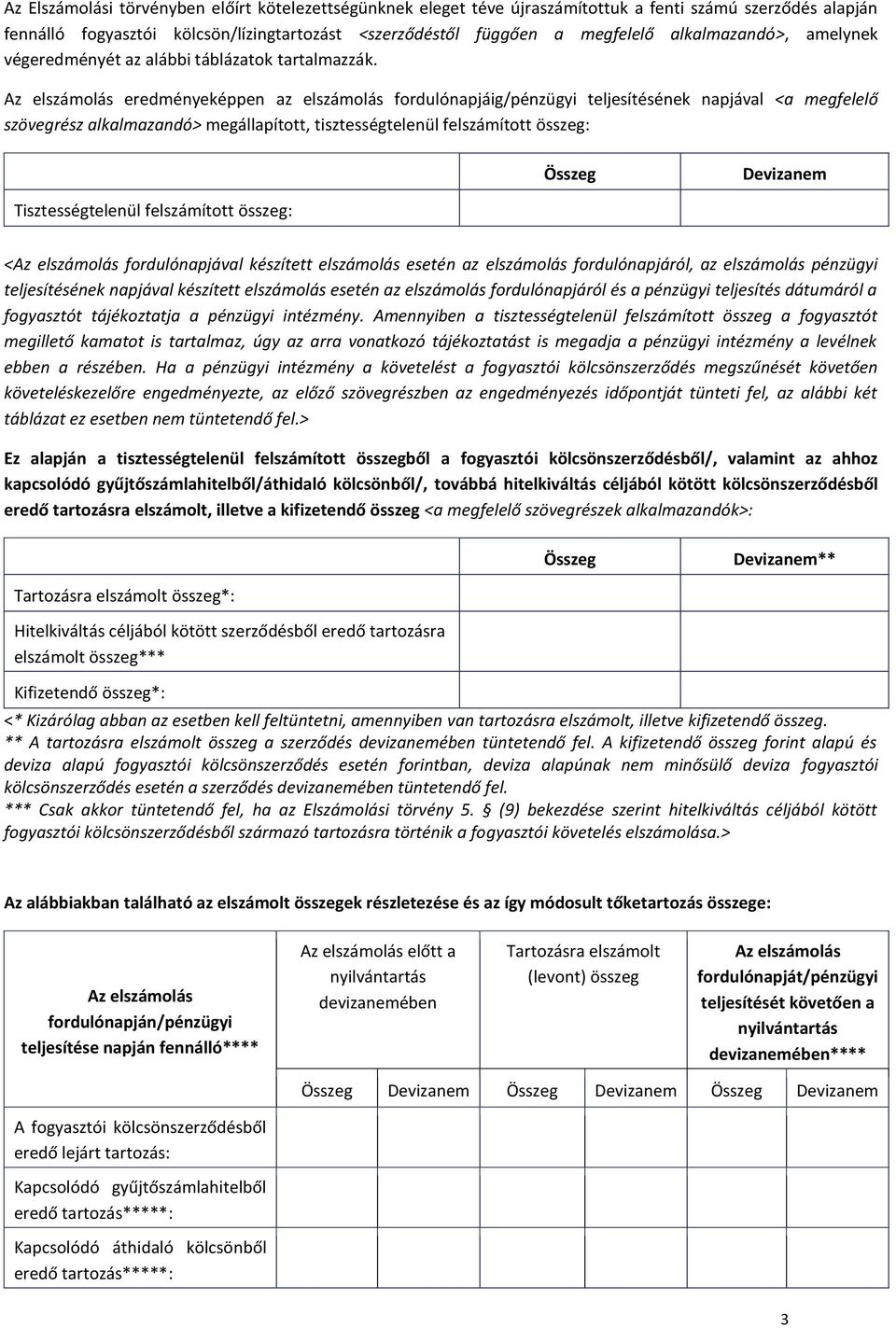 Az elszámolás eredményeképpen az elszámolás fordulónapjáig/pénzügyi teljesítésének napjával <a megfelelő szövegrész alkalmazandó> megállapított, tisztességtelenül felszámított összeg: Összeg