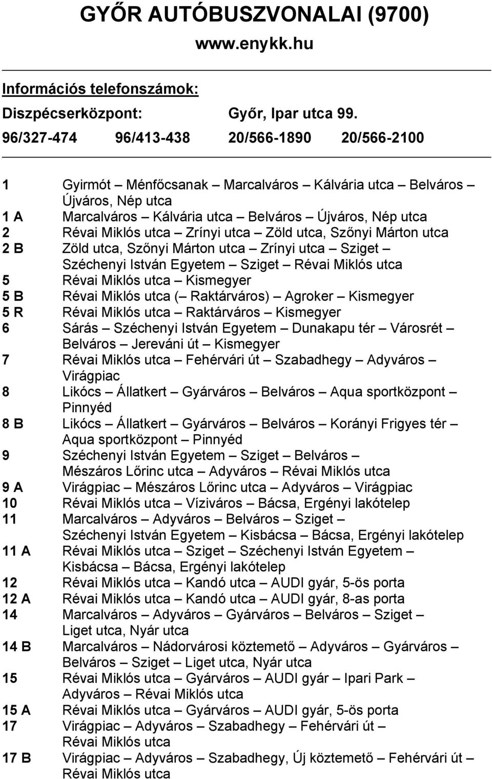 Zrínyi utca Zöld utca, Szőnyi Márton utca 2 B Zöld utca, Szőnyi Márton utca Zrínyi utca Sziget Széchenyi István Egyetem Sziget Révai Miklós utca 5 Révai Miklós utca Kismegyer 5 B Révai Miklós utca (