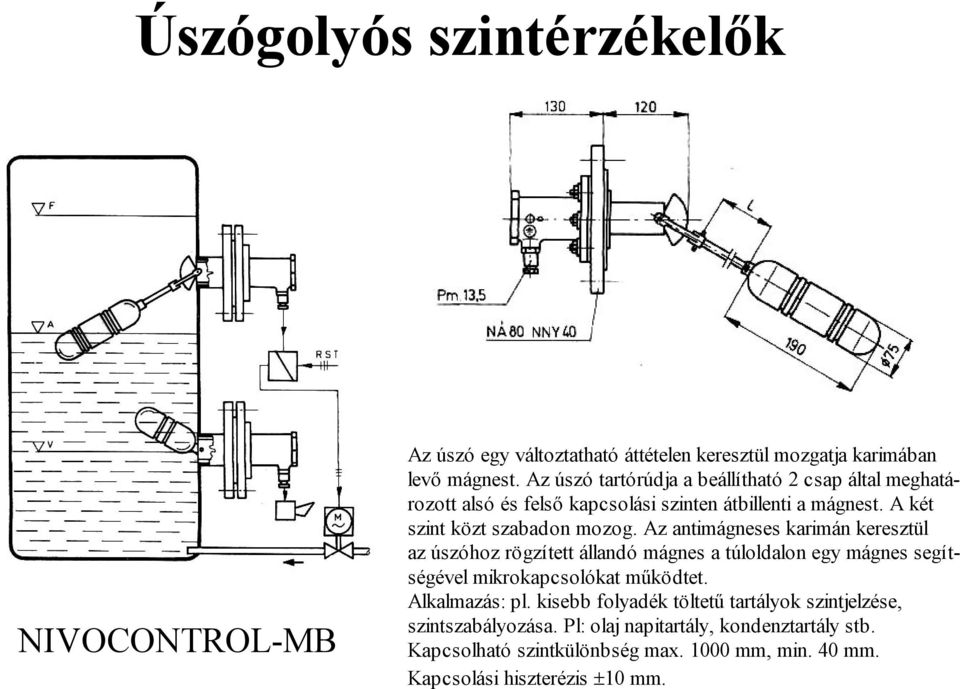 Az antimágneses karimán keresztül az úszóhoz rögzített állandó mágnes a túloldalon egy mágnes segítségével mikrokapcsolókat működtet. pl.