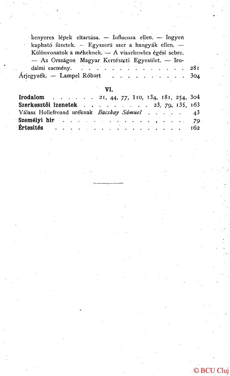 Irodalmi esemény. 281 Árjegyzék. Lampel Róbart 304 VI.