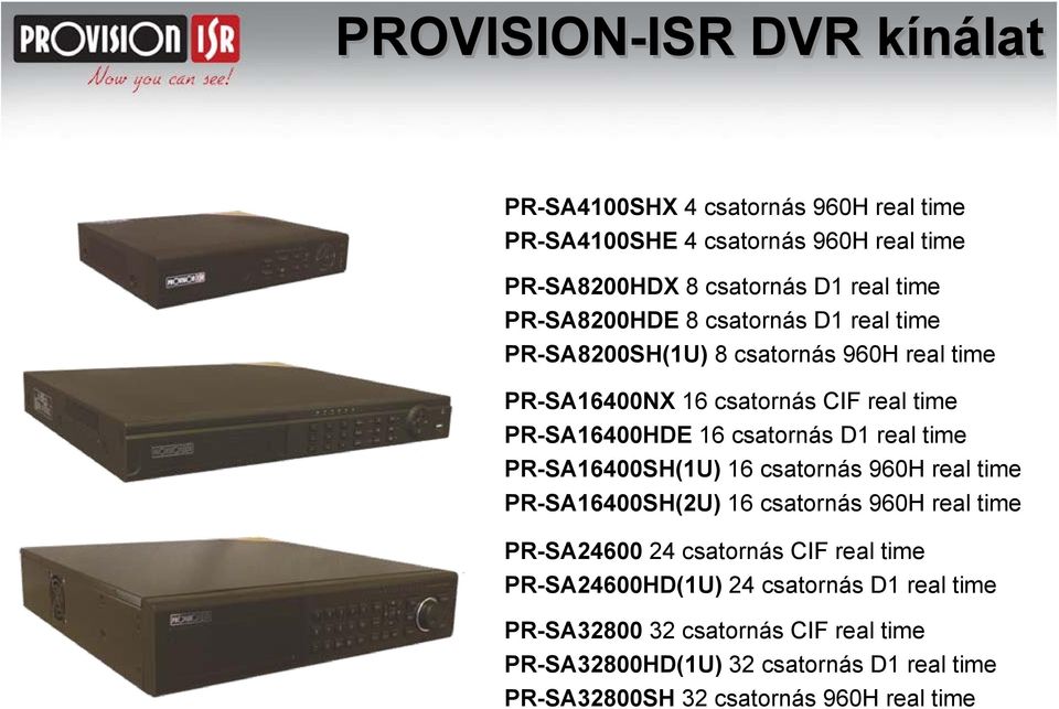 D1 real time PR-SA16400SH(1U) 16 csatornás 960H real time PR-SA16400SH(2U) 16 csatornás 960H real time PR-SA24600 24 csatornás CIF real time