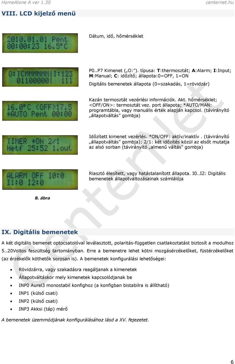 hőmérséklet; <OFF/ON>: termosztát vez. port állapota; *AUTO/MAN: programtábla, vagy manuális érték alapján kapcsol. (távirányító állapotváltás gombja) Időzített kimenet vezérlés.