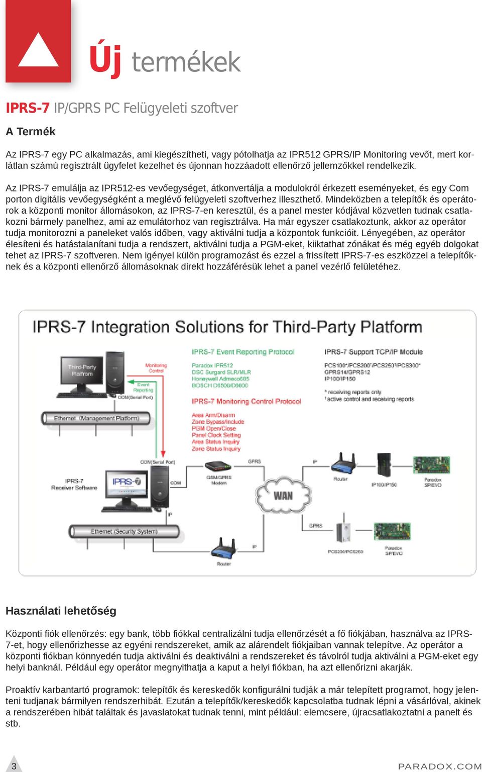 Az IPRS-7 emulálja az IPR512-es vevőegységet, átkonvertálja a modulokról érkezett eseményeket, és egy Com porton digitális vevőegységként a meglévő felügyeleti szoftverhez illeszthető.