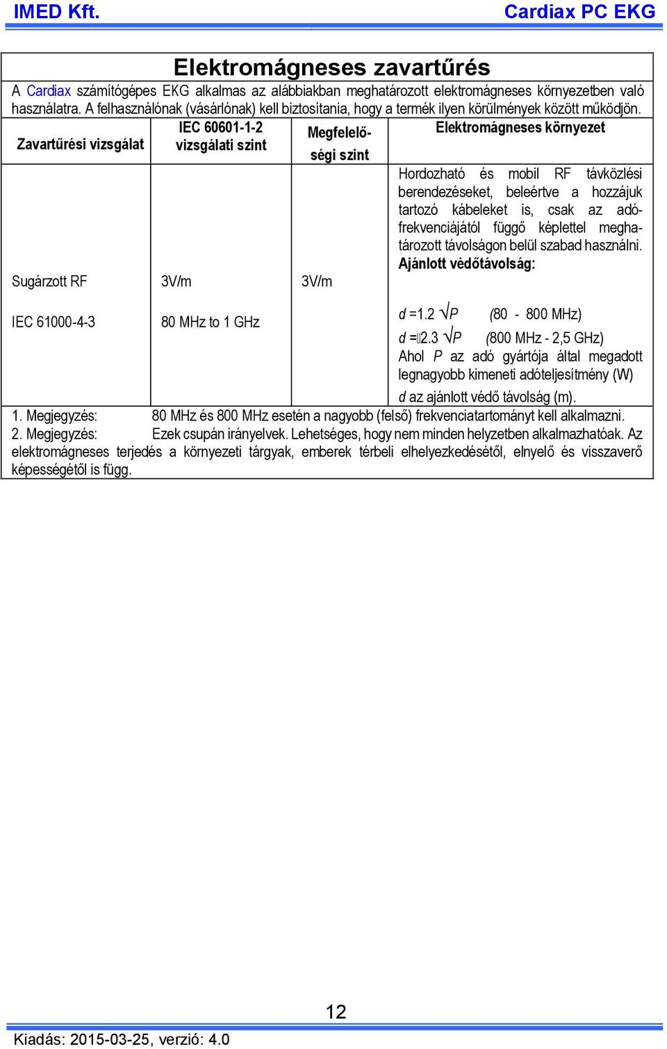 IEC 60601-1-2 Megfelelőségi Elektromágneses környezet Zavartűrési vizsgálat vizsgálati szint szint Sugárzott RF 3V/m 3V/m Hordozható és mobil RF távközlési berendezéseket, beleértve a hozzájuk