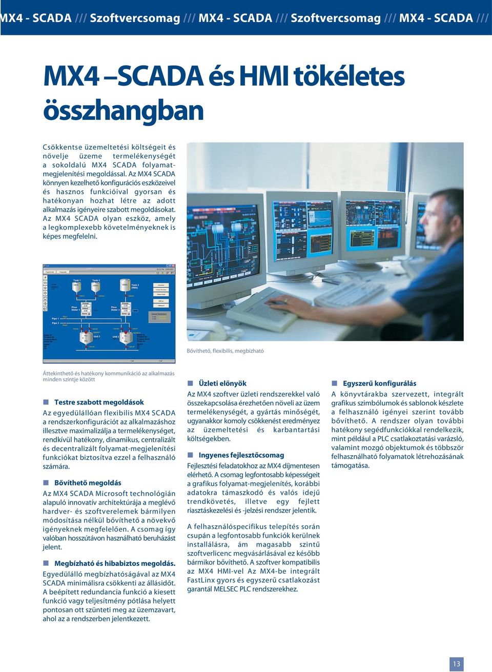 Az MX4 SCADA könnyen kezelhető konfigurációs eszközeivel és hasznos funkcióival gyorsan és hatékonyan hozhat létre az adott alkalmazás igényeire szabott megoldásokat.