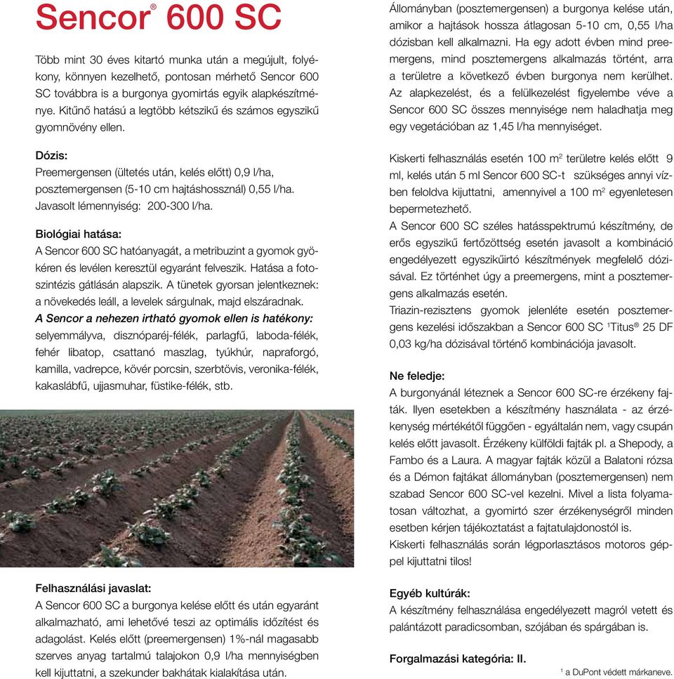 Javasolt lémennyiség: 200-300 l/ha. Biológiai hatása: A Sencor 600 SC hatóanyagát, a metribuzint a gyomok gyökéren és levélen keresztül egyaránt felveszik. Hatása a fotoszintézis gátlásán alapszik.