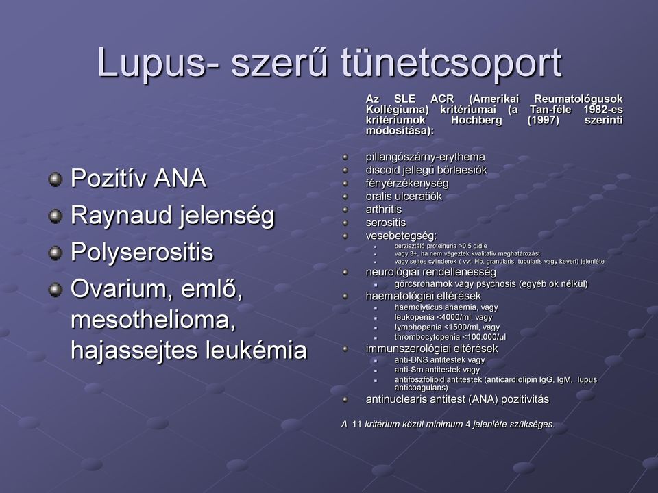 5 g/die vagy 3+, ha nem végeztek kvalitatív meghatározást vagy sejtes cylinderek ( vvt, Hb, granularis, tubularis vagy kevert) jelenléte neurológiai rendellenesség görcsrohamok vagy psychosis (egyéb