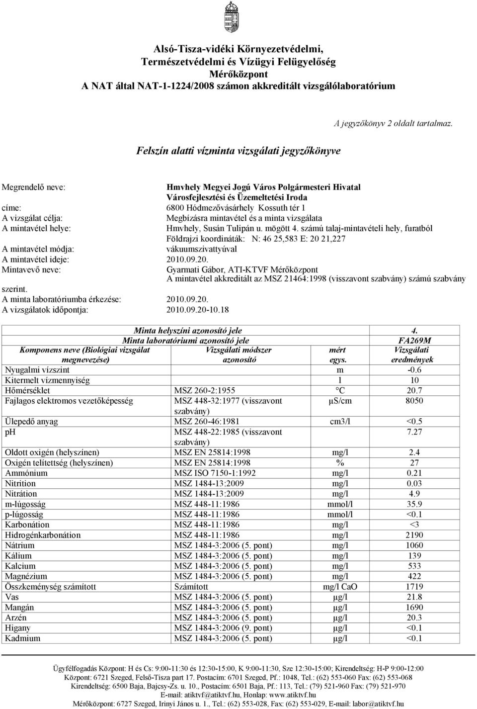 vizsgálat célja: Megbízásra mintavétel és a minta vizsgálata A mintavétel helye: Hmvhely, Susán Tulipán u. mögött 4.