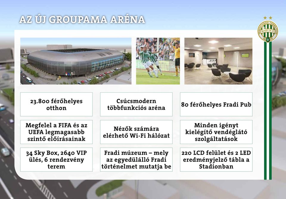 UEFA legmagasabb szintő előírásainak 34 Sky Box, 2640 VIP ülés, 6 rendezvény terem Nézők számára
