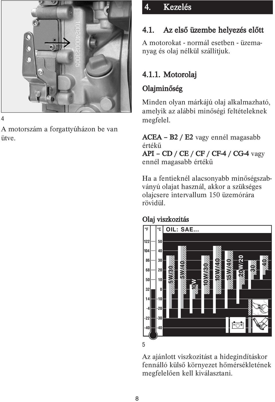 ACEA B2 / E2 vagy ennél magasabb értékű API CD / CE / CF / CF-4 / CG-4 vagy ennél magasabb értékű Ha a fentieknél alacsonyabb minőségszabványú olajat használ, akkor a szükséges olajcsere