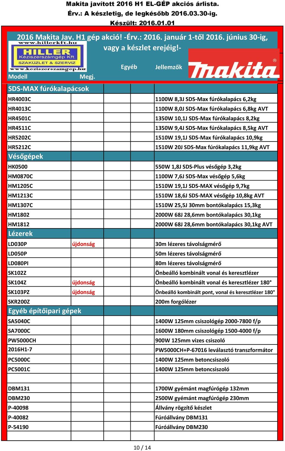 fúrókalapács 6,8kg AVT 1350W 10,1J SDS-Max fúrókalapács 8,2kg 1350W 9,4J SDS-Max fúrókalapács 8,5kg AVT 1510W 19,1J SDS-Max fúrókalapács 10,9kg 1510W 20J SDS-Max fúrókalapács 11,9kg AVT 550W 1,8J