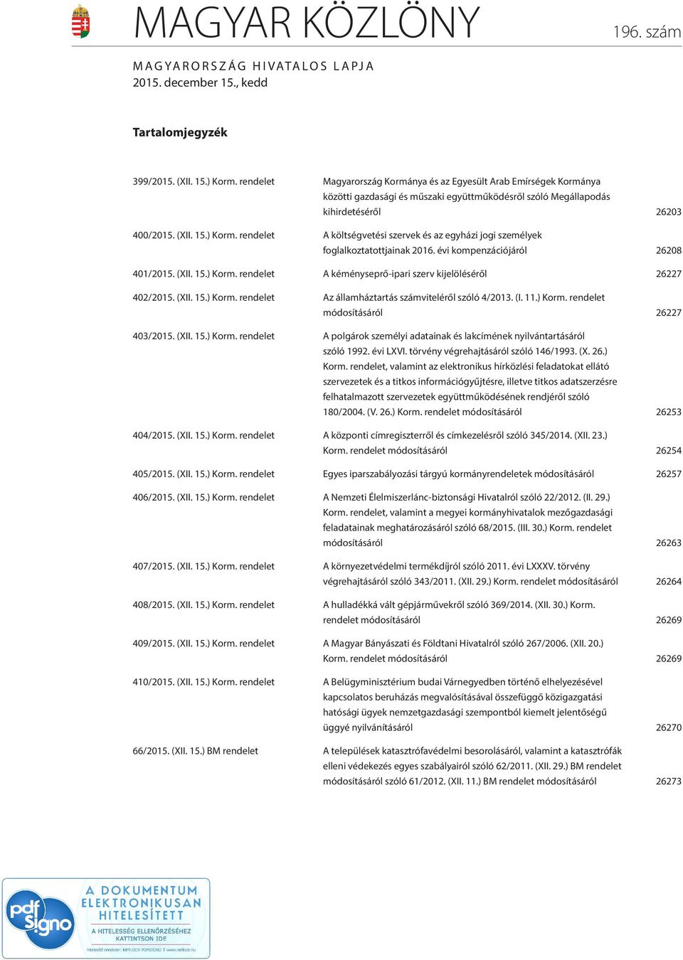 rendelet A költségvetési szervek és az egyházi jogi személyek foglalkoztatottjainak 2016. évi kompenzációjáról 26208 401/2015. (XII. 15.) Korm.