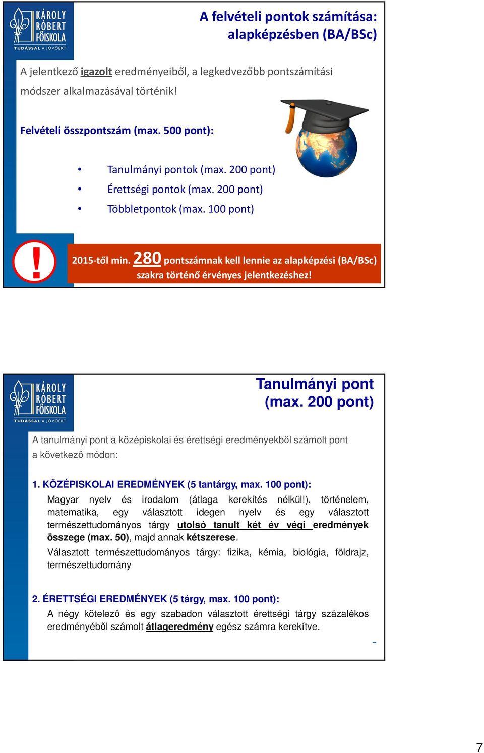 280pontszámnak kell lennie az alapképzési (BA/BSc) szakra történő érvényes jelentkezéshez! Tanulmányi pont (max.