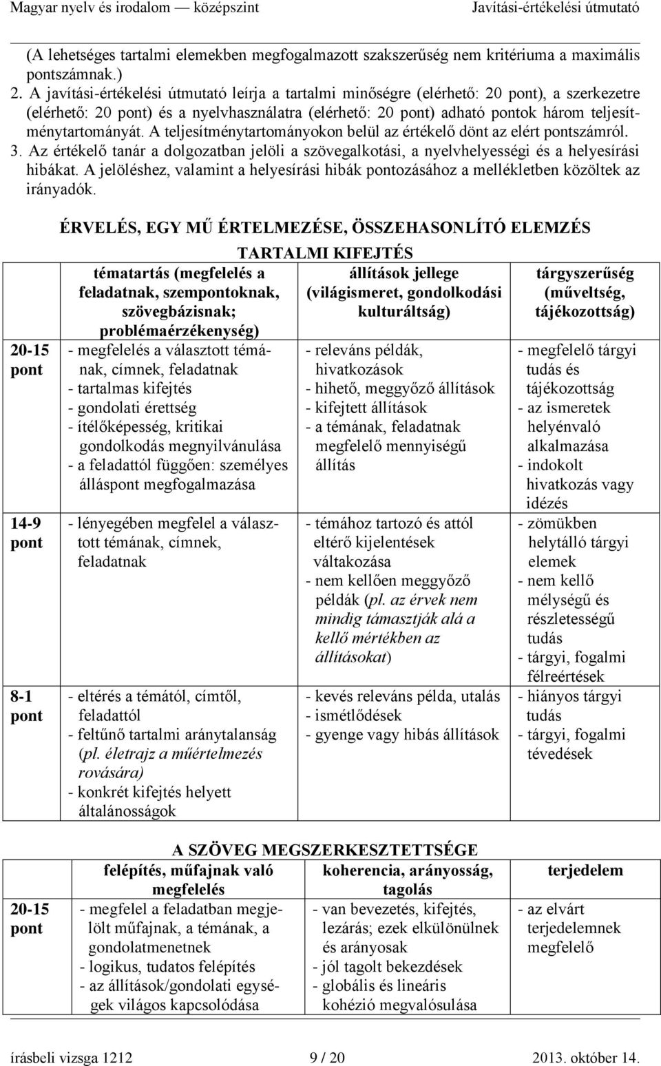 A teljesítménytartományokon belül az értékelő dönt az elért pontszámról. 3. Az értékelő tanár a dolgozatban jelöli a szövegalkotási, a nyelvhelyességi és a helyesírási hibákat.