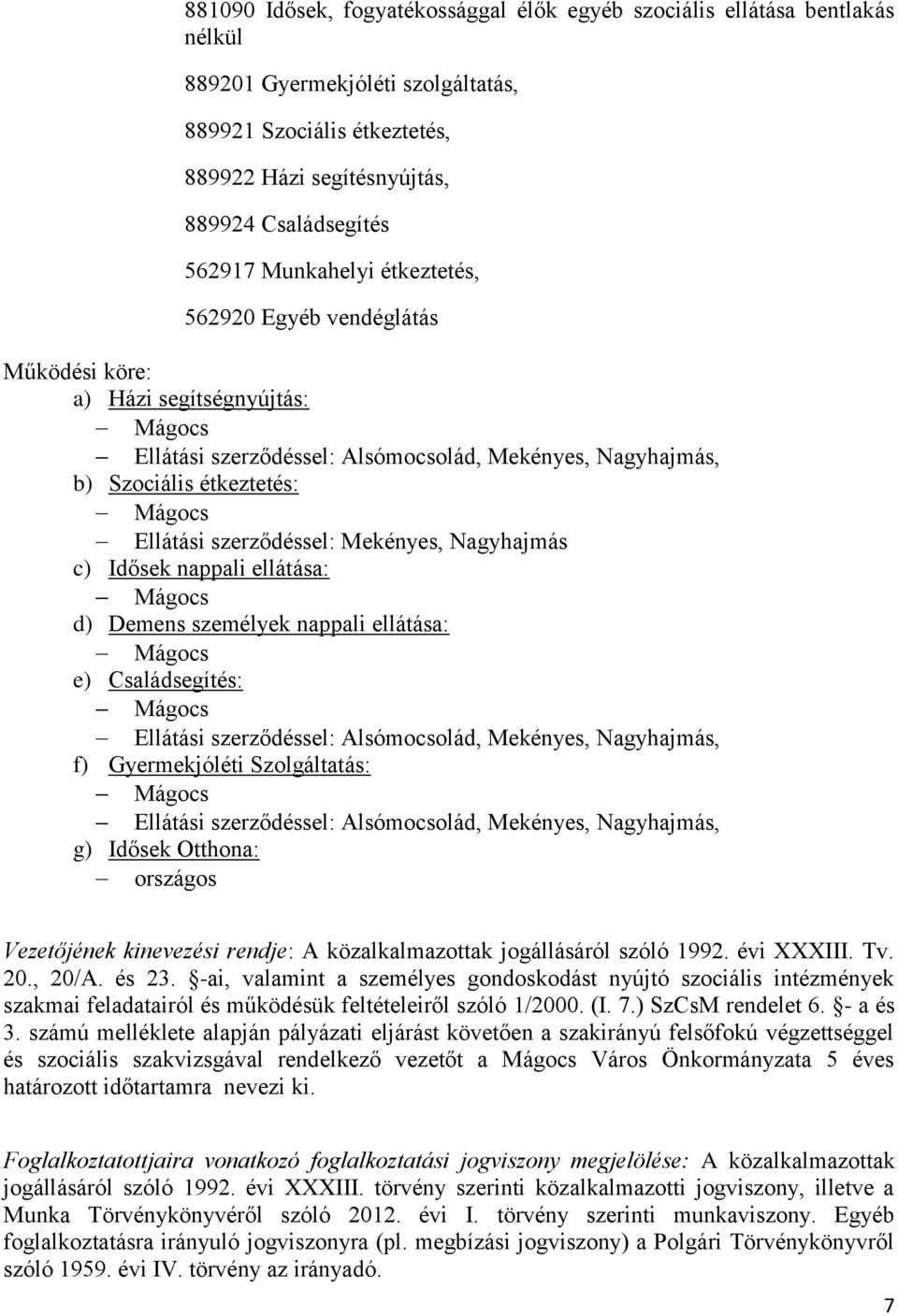 szerződéssel: Mekényes, Nagyhajmás c) Idősek nappali ellátása: Mágocs d) Demens személyek nappali ellátása: Mágocs e) Családsegítés: Mágocs Ellátási szerződéssel: Alsómocsolád, Mekényes, Nagyhajmás,