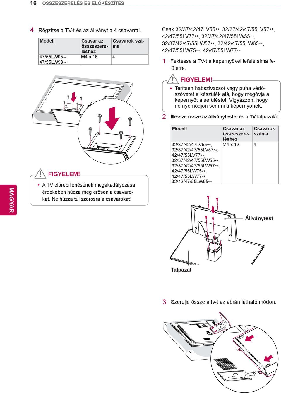 32/42/47/55LW65**, 42/47/55LW75**, 42/47/55LW77** 1 Fektesse a TV-t a képernyővel lefelé sima felületre. FIGYELEM!