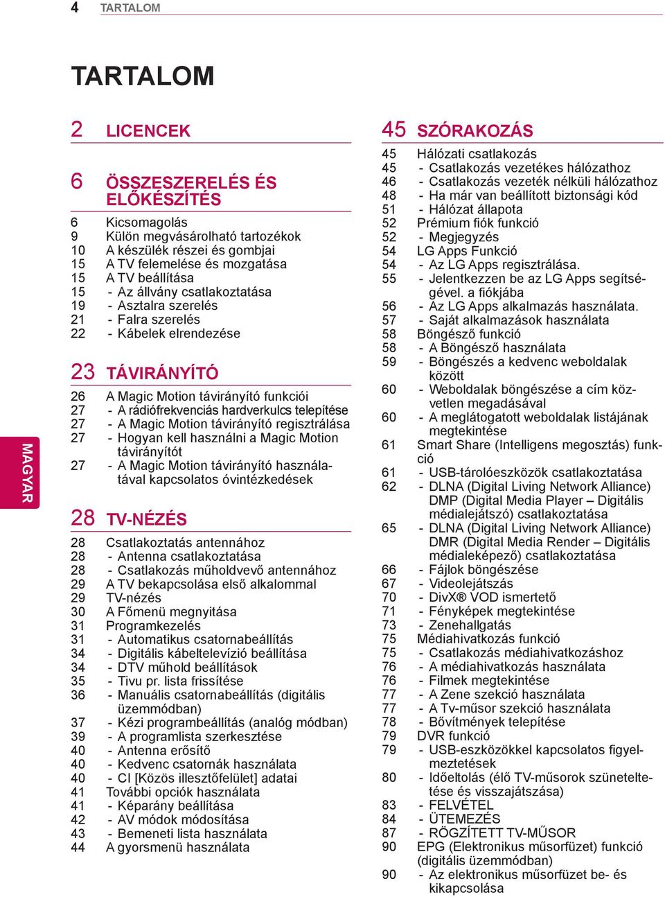 - A Magic Motion távirányító regisztrálása 27 - Hogyan kell használni a Magic Motion távirányítót 27 - A Magic Motion távirányító használatával kapcsolatos óvintézkedések 28 TV-NÉZÉS 28