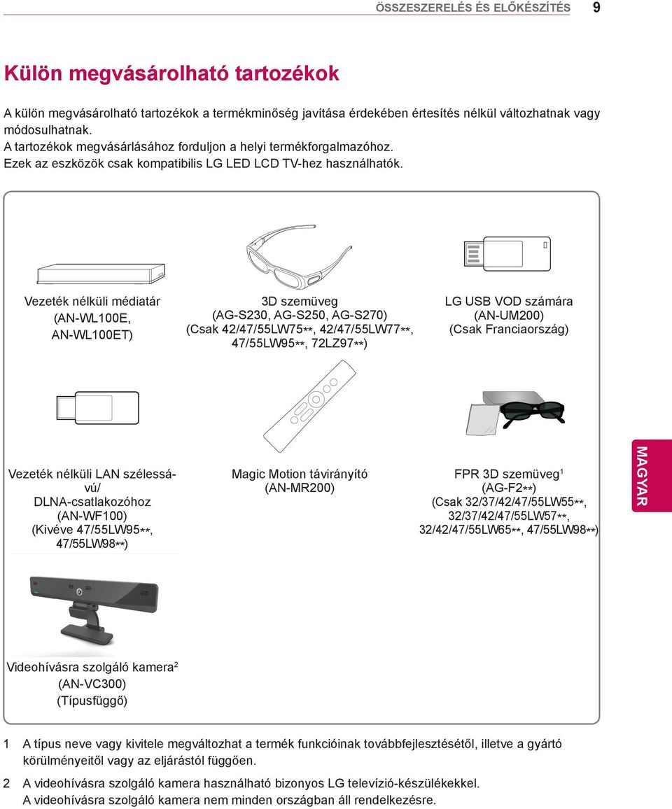 Vezeték nélküli médiatár (AN-WL100E, AN-WL100ET) 3D szemüveg (AG-S230, AG-S250, AG-S270) (Csak 42/47/55LW75**, 42/47/55LW77**, 47/55LW95**, 72LZ97**) LG USB VOD számára (AN-UM200) (Csak