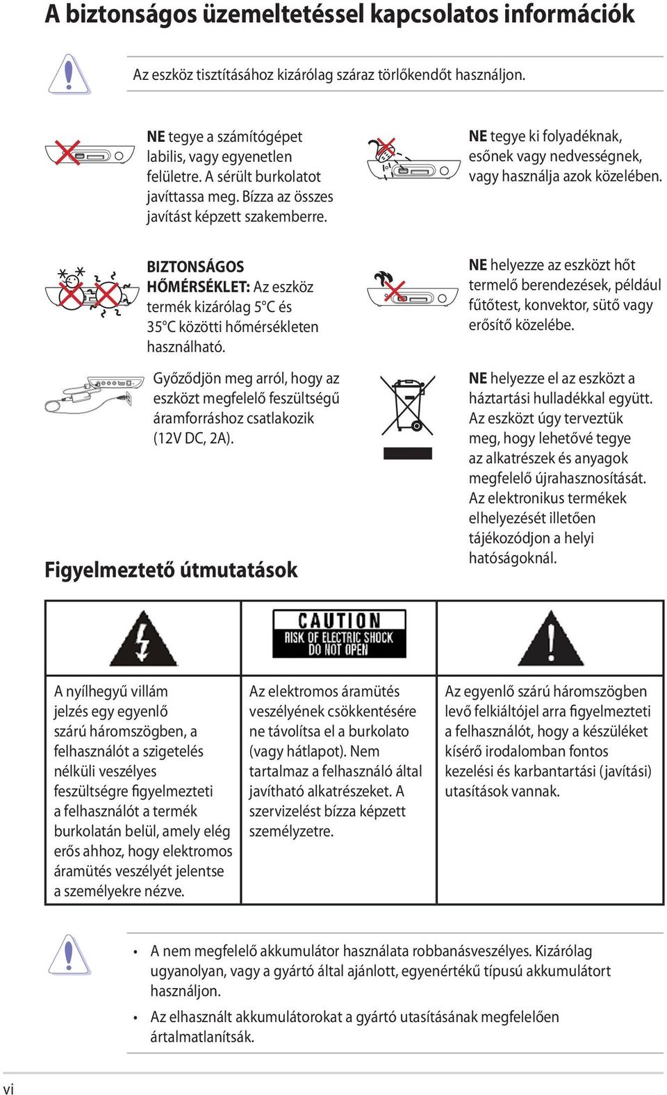 BIZTONSÁGOS HŐMÉRSÉKLET: Az eszköz termék kizárólag 5 C és 35 C közötti hőmérsékleten használható. Győződjön meg arról, hogy az eszközt megfelelő feszültségű áramforráshoz csatlakozik (12V DC, 2A).