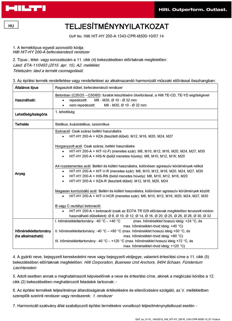 Az építési termék rendeltetése vagy rendeltetései az alkalmazandó harmonizált műszaki előírással összhangban: Általános típus Használható: Lehetőség/kategória Terhelés Ragasztott dűbel, befecskendező