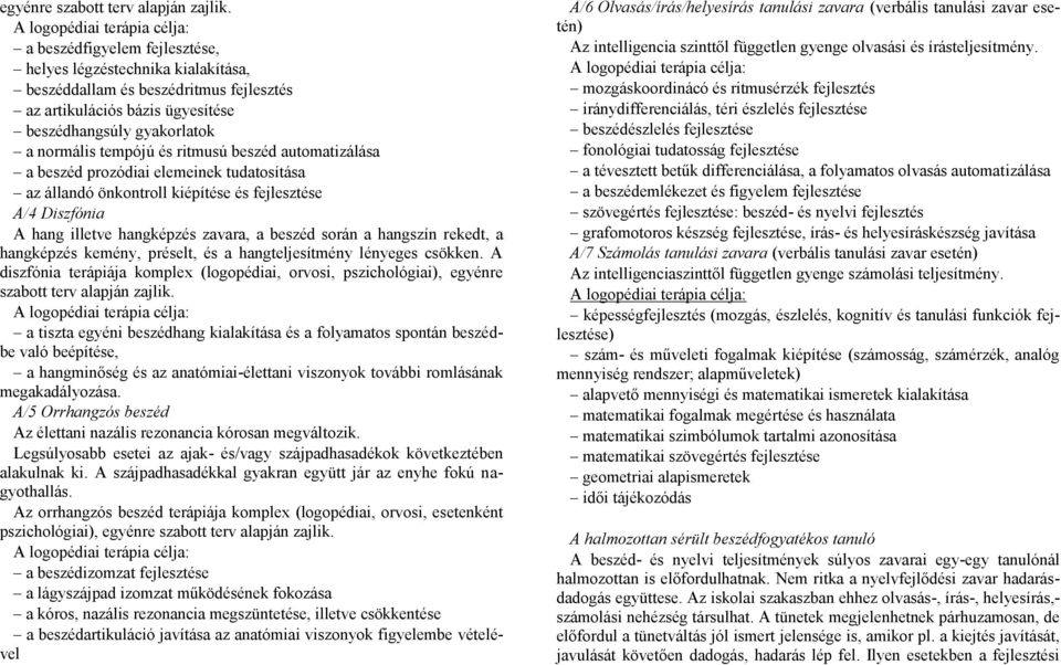 normális tempójú és ritmusú beszéd automatizálása a beszéd prozódiai elemeinek tudatosítása az állandó önkontroll kiépítése és fejlesztése A/4 Diszfónia A hang illetve hangképzés zavara, a beszéd