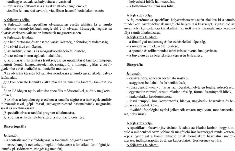 A fejlesztés feladatai: a) a betűbiztonság és az összeolvasási készség, a fonológiai tudatosság, b) a rövid távú emlékezet, c) az auditív, vizuális és mozgáskoordináció fejlesztése, d) a testséma